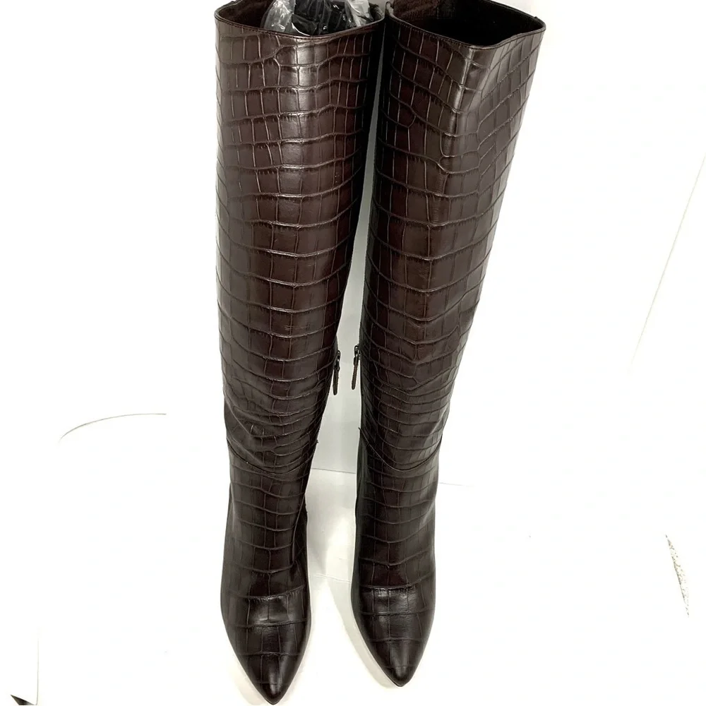 HALOGEN X Atlantic-Pacific Adrina Brown Croc Embossed Tall Boots